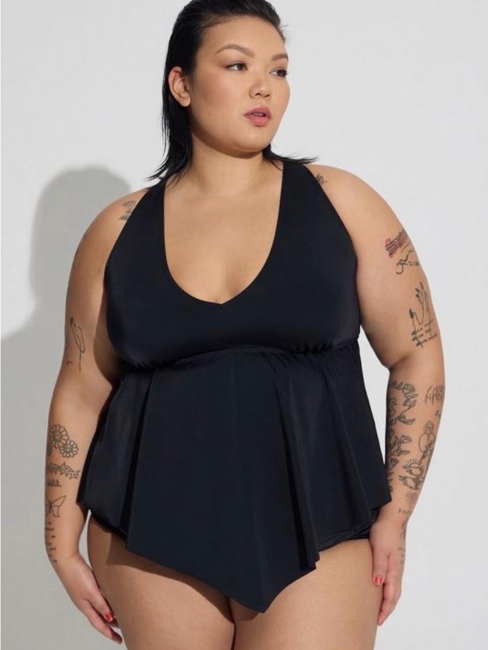 Torrid Wireless V-Neck Tankini Top Black Handkerchief Hem Multiway Straps Sz 1X